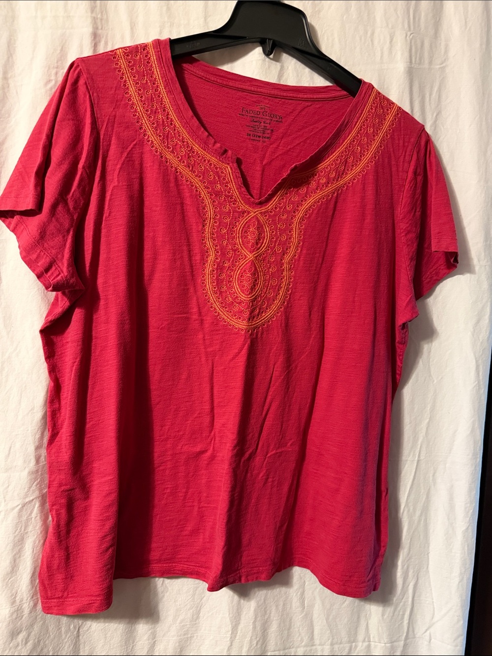Faded Glory Hot Pink Short Sleeve Tee with Orange Embroidered Neckline